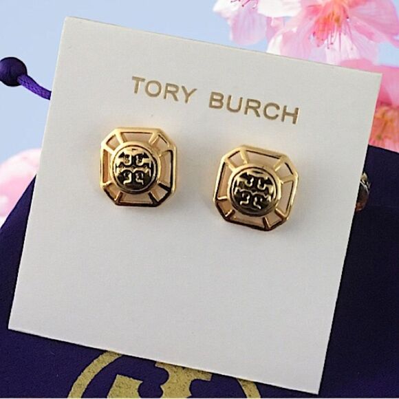 TORY BURCH DOUBLE T LOGO STU EARRINGS - Picture 1 of 4
